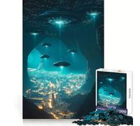 Puzzle da 1000 pezzi UFO sopra il paesaggio urbano - Esercizio di destrezza mentale, gioco leggero, incastro perfetto, (38x26cm)