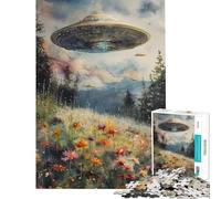 Puzzle da 1000 pezzi UFO su campo di fiori sfida per l'intelligenza giocattolo avvincente giochi per famiglie adatto alle coppie opera d'arte regalo (dimensioni 38x52cm)