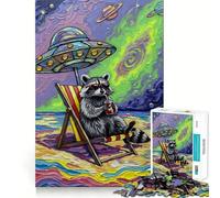 Puzzle da 1000 pezzi "Vacanze al mare con procione sotto un UFO" per adulti, gioco intelligente, divertimento per tutta la famiglia, taglio preciso, opera d'arte (38x52cm)