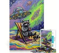 Puzzle da 1000 pezzi "Vacanze sulla spiaggia con procioni sotto un UFO" per adolescenti, gioco di logica fine, facile da usare, bordi puliti, regalo per le feste (38x26cm)