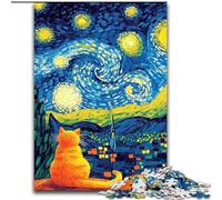 Puzzle da 1000 pezzi "Van Gogh,gatto nel cielo notturno",in legno,idea regalo per le feste,opera d'arte umoristica,opera d'arte dettagliata,50X75cm,ideale per compleanni,vacanze,Natale e Halloween