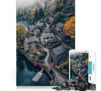 Puzzle da 1000 pezzi "Villaggio di pietra in riva al lago" per adolescenti, ideale per ricordare, migliorare, calmare la mente, con un'opera d'arte nitida e da collezione 38x26cm