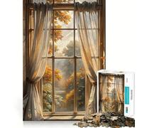Puzzle da 1000 pezzi "Vista autunnale attraverso una finestra con tende" Gioco di assemblaggio,stimolante per la mente,rilassante,ideale come regalo di compleanno (50x75cm)