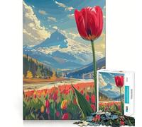 Puzzle da 1000 pezzi "Vista di montagna con tulipani" per ragazzi, rompicapo rilassante, arte da assemblare, regalo di alta qualità (38x52cm)