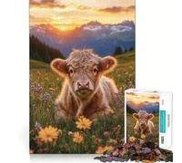 Puzzle da 1000 pezzi "Vitello tra i fiori selvatici al tramonto" con bordi sottili,gioco creativo per lo sviluppo della mente e il relax,regalo di Natale (50x75cm)