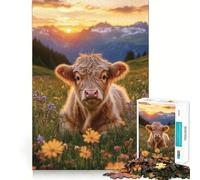 Puzzle da 1000 pezzi "Vitello tra i fiori selvatici al tramonto" con bordo decorativo,gioco cognitivo,divertente e rilassante,regalo di Natale (38x26cm)