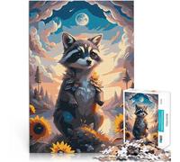 Puzzle da 2000 pezzi per adolescenti Procione in un campo di girasoli Giocattoli antistress con poster abbinato e foglio di quiz 70x100cm