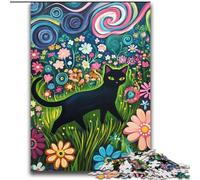 Puzzle da 2000 pezzi per adulti e ragazzi Gatto nero che cammina tra i fiori, sfida difficile, antistress, con poster abbinato e foglio di quiz, 70x100cm