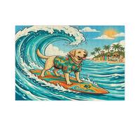 Puzzle da 300 pezzi con cane da surf con labrador retriever da spiaggia, puzzle in legno costiero con cuccioli estivi, decorazione stampata a onde fresche per intrattenimento creativo