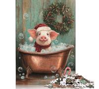 Puzzle da 300 pezzi "Maiale in una vasca da bagno", "Buon Natale!" per adulti, puzzle in legno, rompicapo per bambini, 300 pezzi (40x28 cm)
