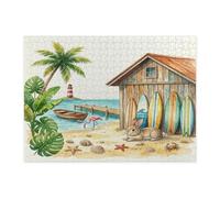 Puzzle da 500 pezzi a forma di coniglietto estivo da spiaggia per adulti, puzzle in legno tropicale costiero e cottage, divertente decorazione a forma di coniglio per l'intrattenimento domestico
