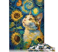 Puzzle da 500 pezzi con gatto, farfalla e girasoli da dipingere per adulti, puzzle in legno, puzzle rompicapo per bambini, 500 pezzi (52x38 cm)