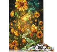 Puzzle da 500 pezzi con girasoli e galassie in vetro colorato per adulti, regalo di Halloween, gioco educativo, sfida giocattolo, 500 pezzi (52x38 cm)