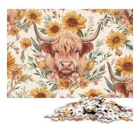 Puzzle da 500 pezzi con mucca delle Highlands e motivo floreale, quadrato, per adulti e bambini, gioco di puzzle in legno, 500 pezzi (52x38 cm)