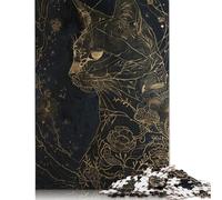 Puzzle da 500 pezzi con ritratto di gatto in oro nero, difficoltà per adulti, rafforza i rapporti tra i membri della famiglia, 500 pezzi (52x38 cm)