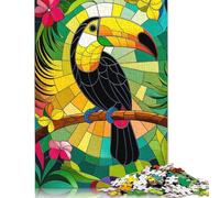 Puzzle da 500 pezzi con tucano in vetro colorato, paradiso tropicale, puzzle quadrato per adulti e bambini, gioco di puzzle in legno da 500 pezzi (52x38 cm)