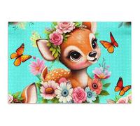 Puzzle da 500 pezzi di cervo in stile cartone animato con motivo floreale e foglia di tè, per adulti, pittura con animali, per adulti, idea regalo per feste, 50,8 x 37,9 cm