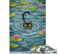 Puzzle da 500 pezzi Gatto nero nello stagno delle ninfee Puzzle per adulti Giochi in legno Sfida puzzle Giocattolo Regali di Natale e compleanno 500 pezzi (52x38 cm)