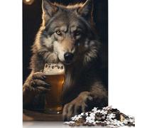 Puzzle da 500 pezzi raffigurante un lupo che beve una pinta di birra, per adulti e adolescenti, puzzle in legno sostenibili per adulti | Giochi 500 pezzi (52x38 cm)