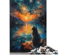 Puzzle da 520 pezzi "Notte stellata e tramonto con gatto", interessante soluzione per ridurre lo stress, ideale per bambini dai 12 anni in su, 520 pezzi (52x38 cm)