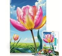 Puzzle da parete con campo di tulipani rosa e gialli per ragazzi, 1000 pezzi, giocattolo divertente e creativo, con ritagli chiari (38x26cm)
