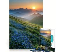 Puzzle da parete per adulti "Alba in montagna con fiori blu", 1000 pezzi, gioco di intelligenza e rilassante, di alta qualità (50x75cm)
