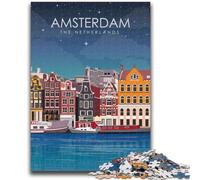 Puzzle da viaggio notturno ad Amsterdam per adolescenti, 1000 pezzi, attività per famiglie con poster abbinato e foglio di quiz per età 14+, 1000 pezzi (50x75cm)