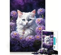 Puzzle del gatto bianco con fiori viola per ragazzi,1000 pezzi,gioco che migliora le capacità cognitive,pezzi di dimensioni uniformi e precisi,attività divertente per tutta la famiglia (38x26cm)