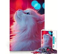 Puzzle del gatto bianco tra luci al neon per adulti,1000 pezzi,gioco di memoria,montaggio sicuro e stabile,gioco significativo per costruire connessioni (38x26cm)