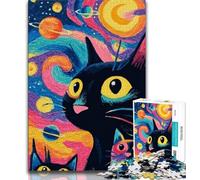 Puzzle del gatto nero per adulti e ragazzi, 1000 pezzi, antistress, per ammazzare il tempo durante le vacanze, con poster abbinato e foglio di quiz (38x26cm)