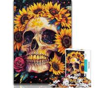 Puzzle del teschio del girasole per adolescenti, puzzle da 1000 pezzi, impegnativo da completare ma divertente e umoristico con poster abbinato e foglio di quiz, 50x75cm