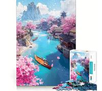Puzzle del villaggio di pescatori Sakura da 1000 pezzi per adolescenti: rafforza la memoria, rilassante e divertente, con bordi lisci e la lista dei desideri di Babbo Natale (38x26cm)