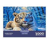 Puzzle della tigre bianca per adulti: Tigre bianca che riposa nel bosco innevato. Gioco stimolante e stimolante per la decorazione murale, 70x50 cm/1000 pezzi.