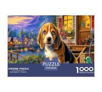 Puzzle di Beagle da 1000 pezzi, carta riciclata, Beagle seduto vicino a una casa accogliente e decorata per adulti, gioco educativo, per il decompresso, sfida difficile, 38x26cm/1000pezzi