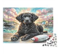 Puzzle di Cane d'Acqua Portoghese, 1000 Pezzi, Carta Riciclata, Barboncino Nero sul Molo con Barca e Bottiglia Vicino, per Adulti, Gioco Educativo, Antistress, Sfida Molto Difficile, 52x38cm/1000pcs