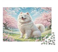 Puzzle di Cane Samoyedo 1000 pezzi Cane bianco vicino a un albero di ciliegie in fiore Gioco impossibile e difficile, Regalo divertente, Attività in casa, Regalo 70x50cm/1000 pezzi