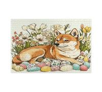 Puzzle di cane Shiba Inu Spring Easter per adulti, 1000 pezzi, puzzle vintage in legno con uova floreali, decorazione divertente per animali domestici per l'intrattenimento domestico