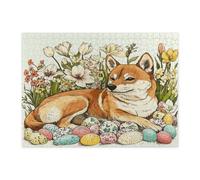 Puzzle di cane Shiba Inu Spring Easter per adulti, 500 pezzi, puzzle vintage in legno con uova floreali e cuccioli, divertente decorazione per animali domestici per l'intrattenimento domestico