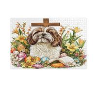 Puzzle di cane Shih Tzu primaverile pasquale per adulti 1000 pezzi, uova di campagna floreali cuccioli puzzle in legno, decorazioni divertenti per l'intrattenimento domestico