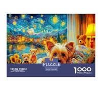 Puzzle di cani con notte stellata da 1000 pezzi - Yorkshire con cuccioli a letto. Puzzle impegnativi, per uomini e donne. Ottima idea regalo. 70x50 cm/1000 pezzi.