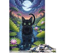 Puzzle di carta da 1000 pezzi per adulti e adolescenti con gatto nero nello stagno delle ninfee, regalo per adolescenti, gioco rompicapo, 38x26 cm/1000 pezzi