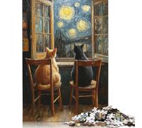 Puzzle di carta rettangolare ad incastro preciso con coppia di gatti che guardano la notte stellata, per bambini o bambine, regali di Natale 1000 pezzi (75x50 cm)