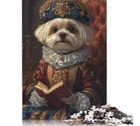 Puzzle di cartone antistress ispirato al Rinascimento con stampa di cane maltese in abito reale, per bambini, 1000 pezzi (75x50 cm)