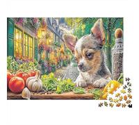 Puzzle di Chihuahua 1000 pezzi carta riciclata: Chihuahua tra le verdure in città illuminata, per adulti, sfida difficile, decorazione murale (70x50cm)
