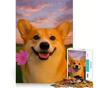 Puzzle di Corgi sorridente con fiore per ragazzi, 1000 pezzi, gioco di logica, divertimento al chiuso, bordi precisi, pezzo da collezione 50x75cm