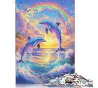 Puzzle di delfini che saltano, arcobaleno e tramonto, divertente attività per la casa, puzzle di cartone premium per adulti e adolescenti, regali per la festa del papà, 1000 pezzi (38x26 cm)