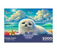 Puzzle di Foca 1000 pezzi - Carta riciclata, Cucciolo di foca sulla spiaggia con conchiglie e cielo costiero per adulti - Gioco difficile, Ottima idea regalo, Attività in casa 38x26cm/1000 pezzi