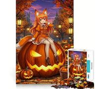 Puzzle di Halloween con ragazza volpe anime su zucca per adolescenti,1000 pezzi,gioco stimolante per la mente,montaggio sicuro e attività di condivisione per i propri cari (38x52cm)