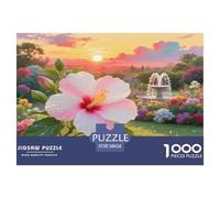 Puzzle di Hibiscus Syriacus, 1000 Pezzi, Hibiscus Rosa in Giardino con Tramonto e Fontana, Puzzle per Adulti, Divertente e Stimolante, Gioco in Famiglia per Decorazione Pareti, 38x26cm/1000pcs