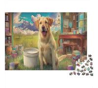 Puzzle di Labrador Retriever da 1000 Pezzi Carta Riciclata Cucciolo Giallo Accanto a Secchio Scenario Interno-esterno per Adulti e Bambini Gioco Divertente Stimolante Gioco Familiare 70x50cm